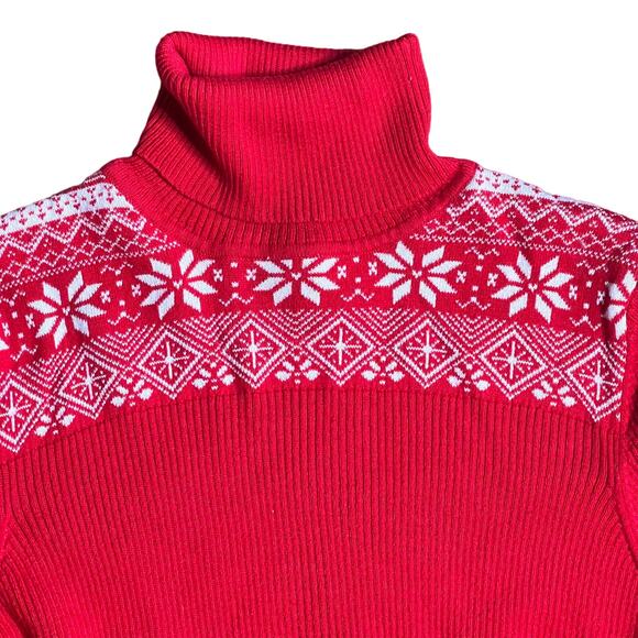 Fair Isle Turtleneck Sweater Basic Editions Size XL Red Rib Knit Cotton Blend - Picture 3 of 7